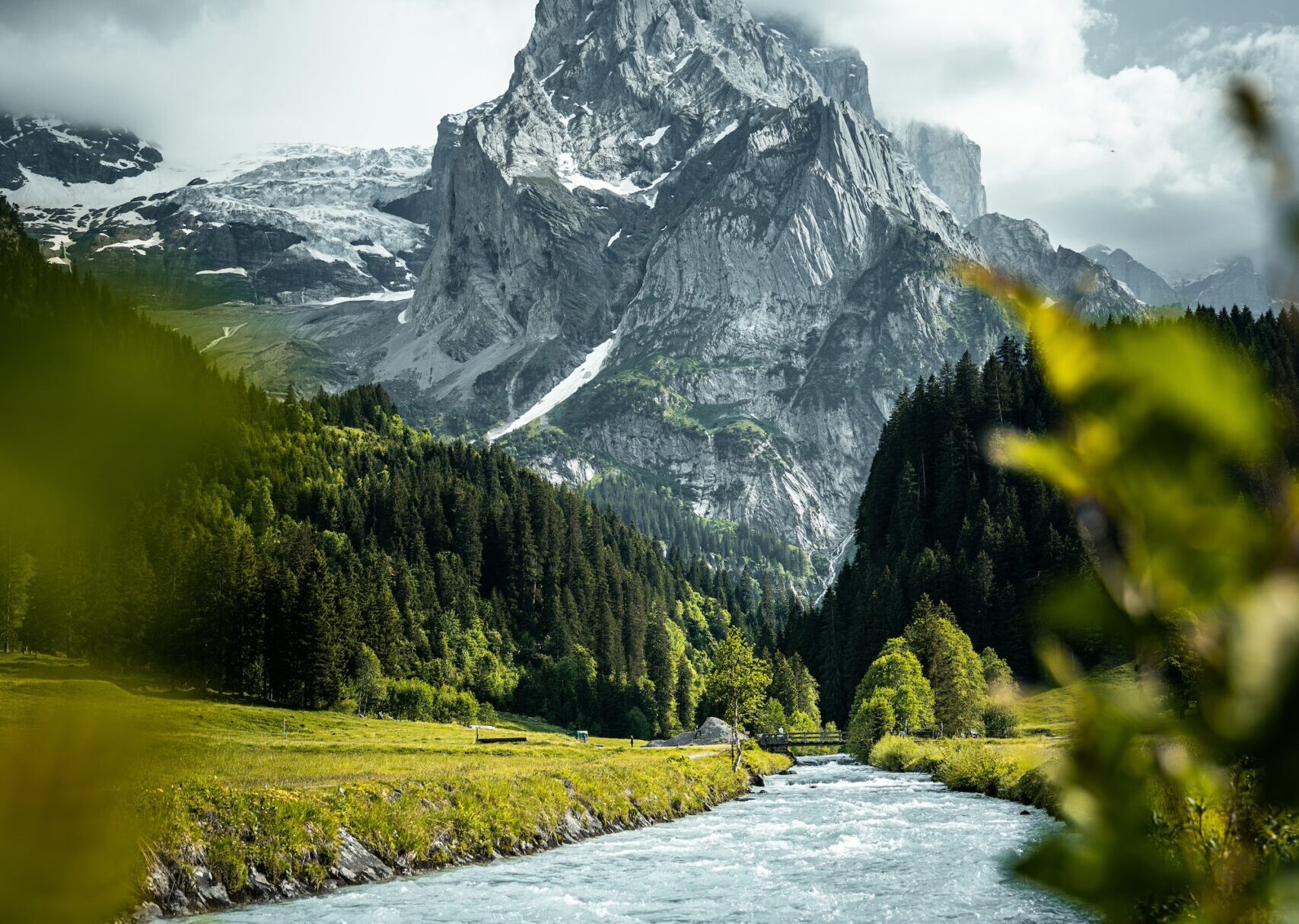 mountain on river