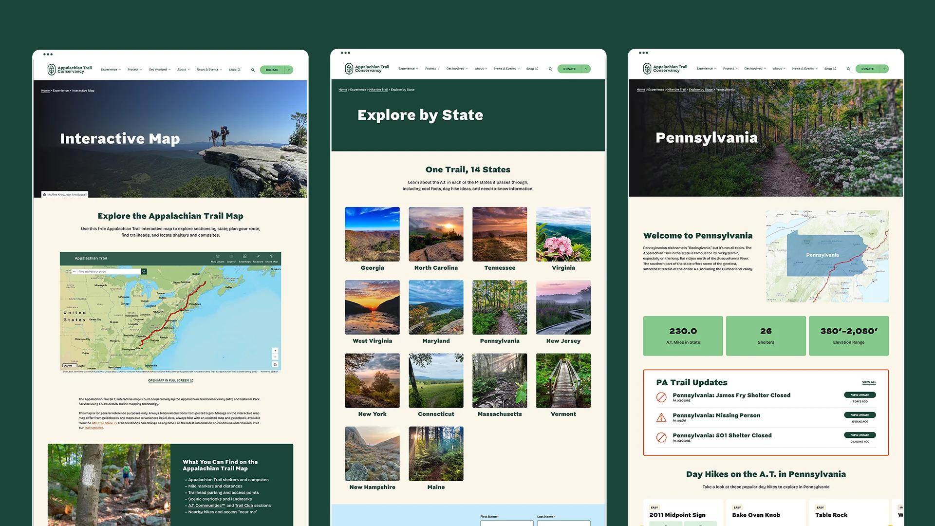 Appalachian Trail Conservancy website desktop mock ups