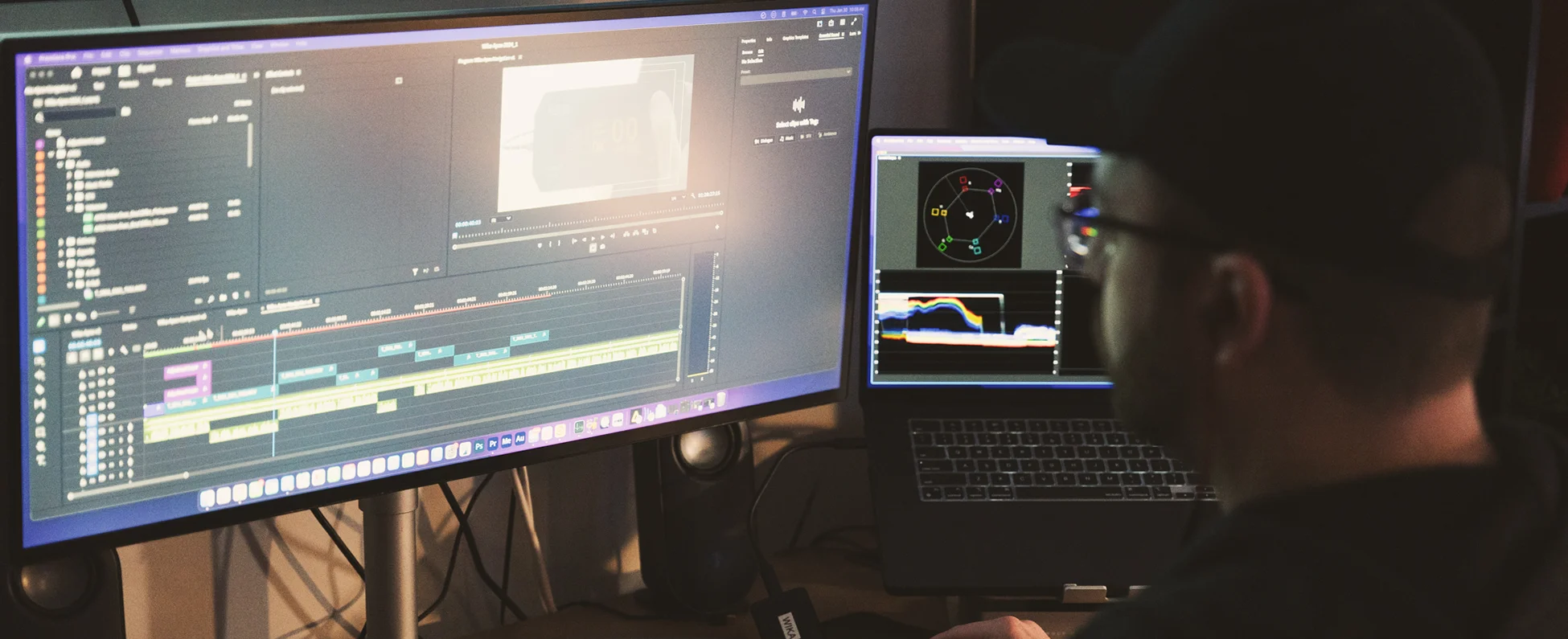 Video Team editing a video on dual monitors.