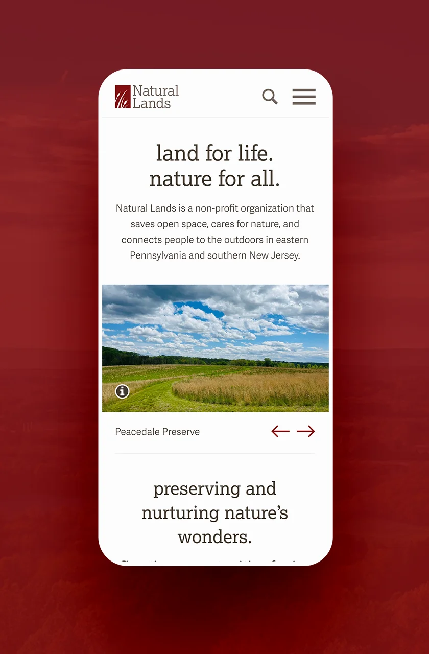 Natural Lands homepage mobile mockup