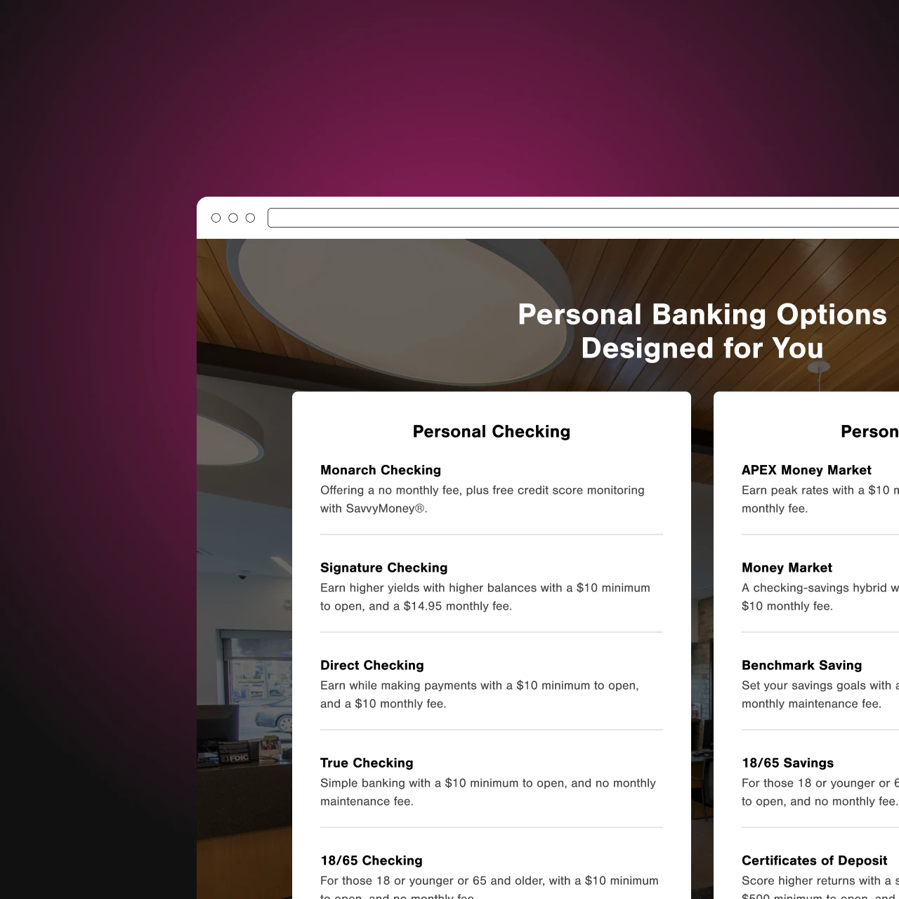 New Valley Bank website personal checking mockup