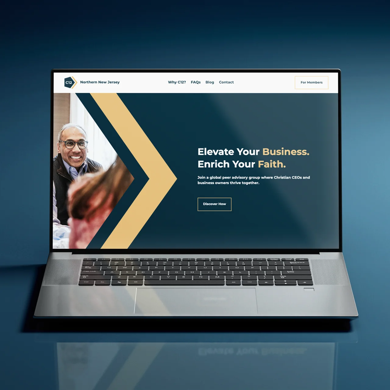 C12 Northern NJ laptop homepage mockup with a blue gradient background