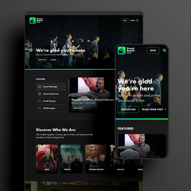 Grand Rapids First mobile and desktop homepage mockups
