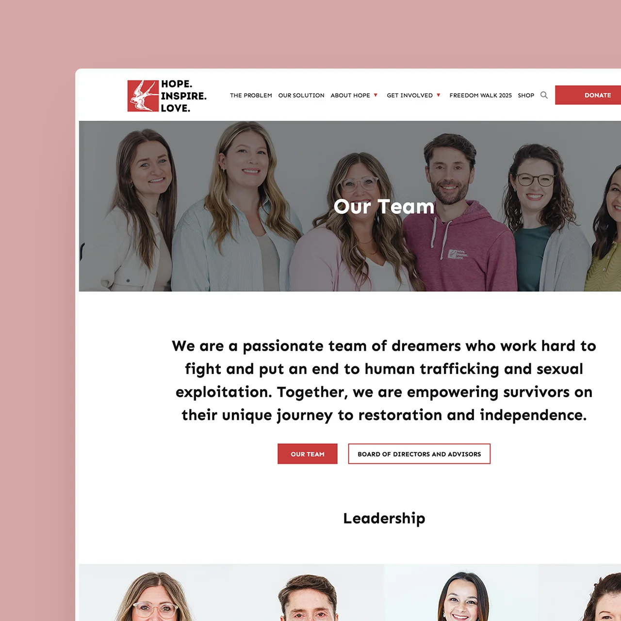 Hope Inspire Love Team webpage mockup