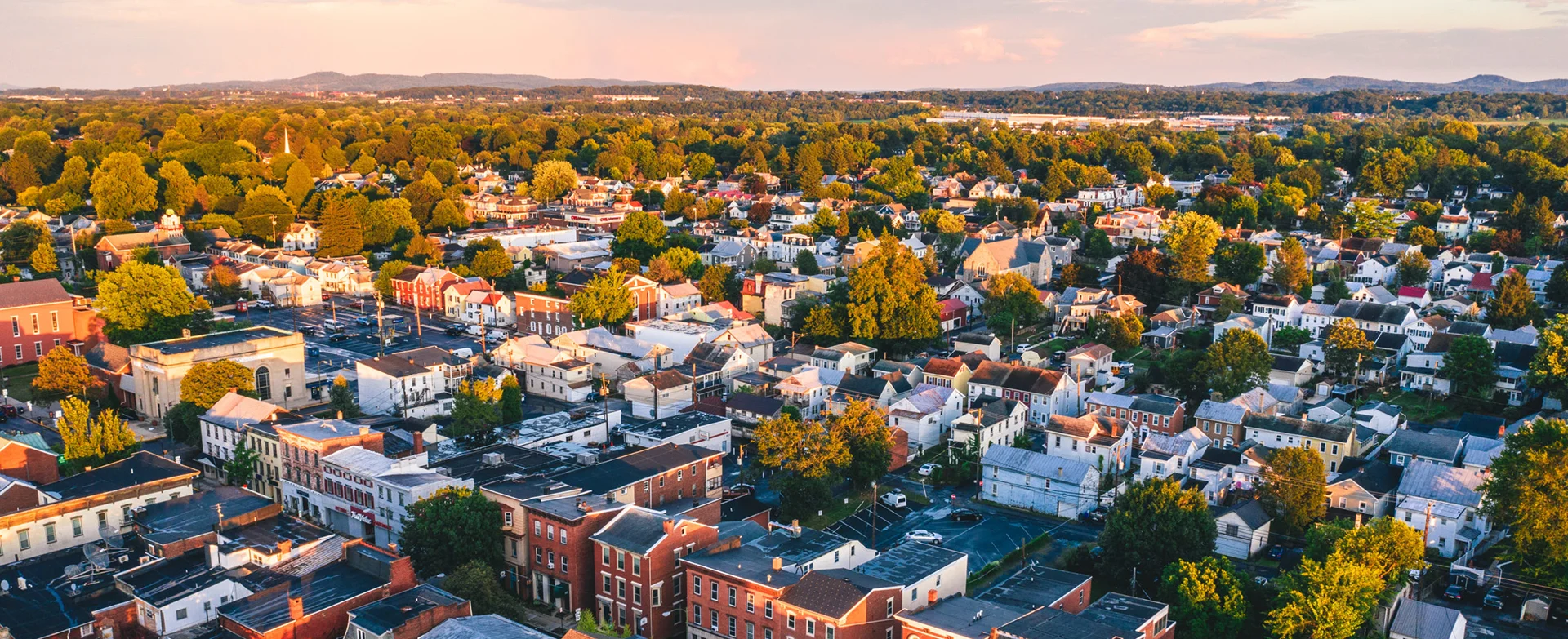 Drone shot of downtown during golden hour.