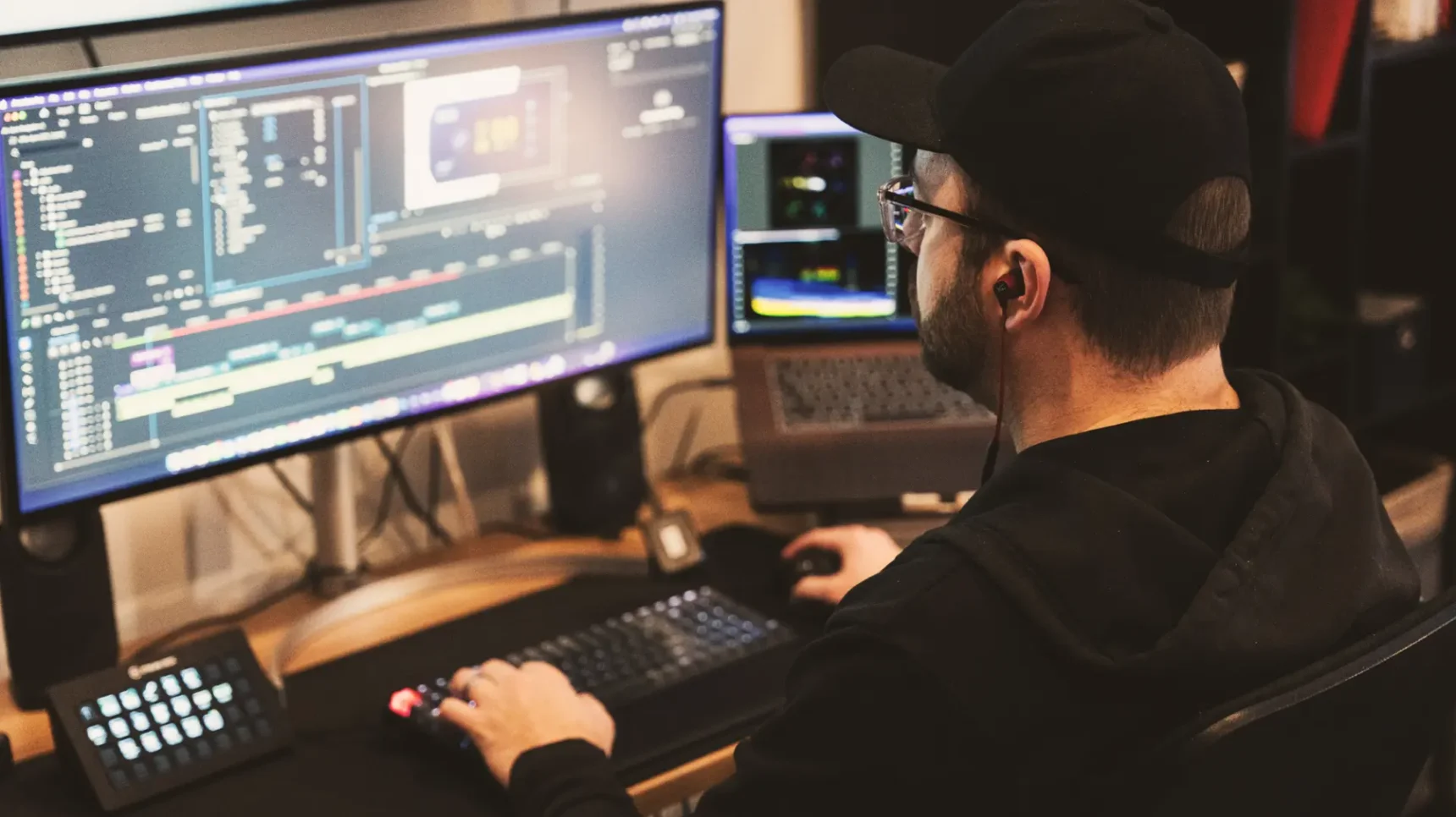 A man looking at a computer screen, creating video