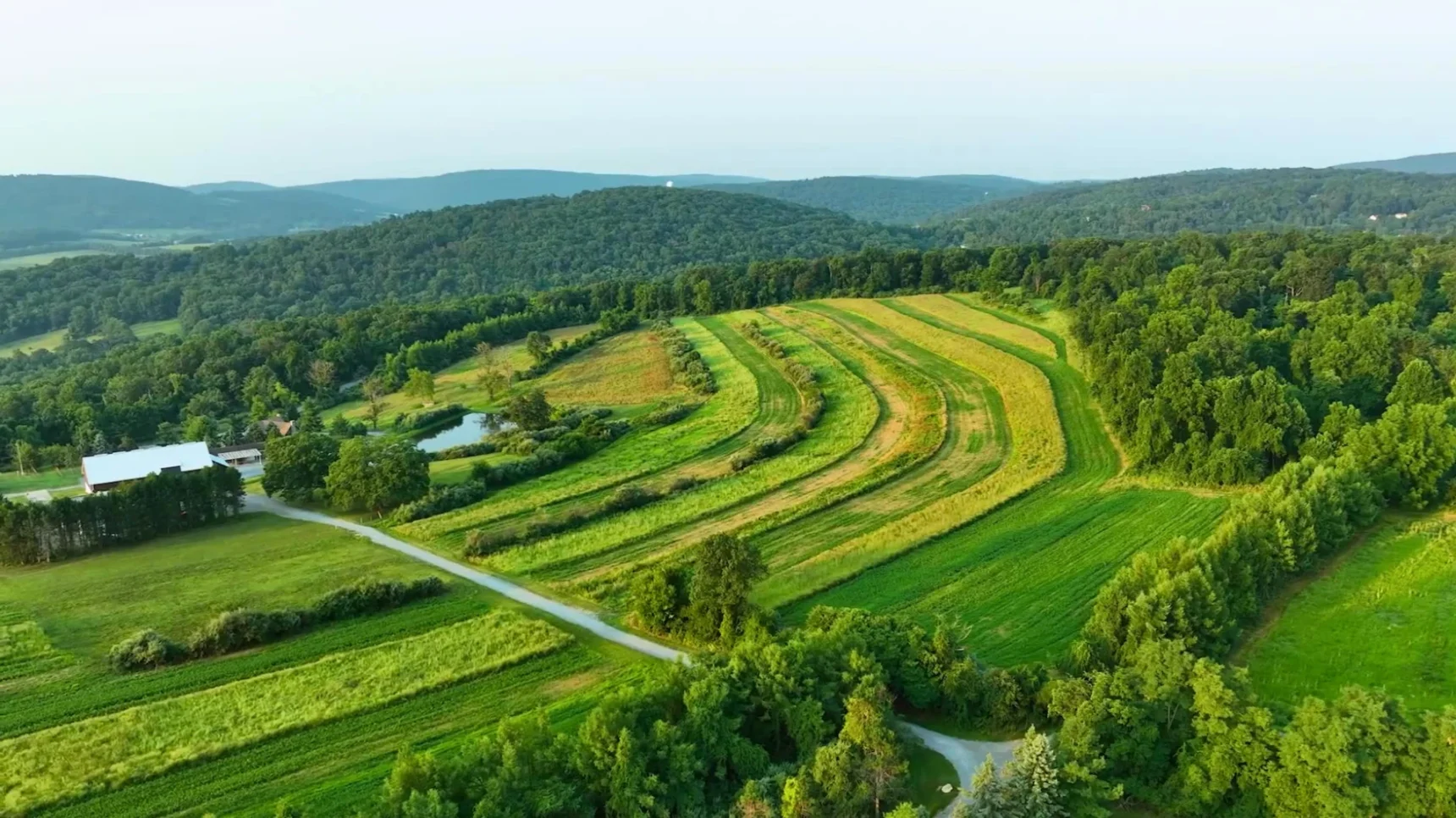 Aerial view of rolling green hills with terraced fields and a farm building with two ponds.